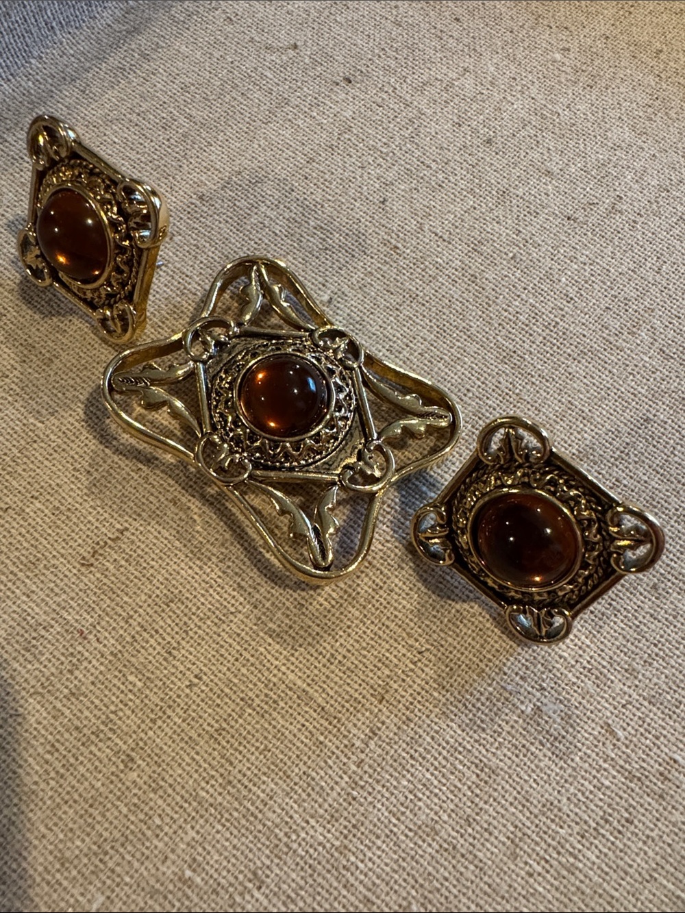 Avon Gold-Tone Filigree Brooch and Earrings with Brown Stones
